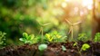 © watcharee - Sustainable energy concept with wind turbines and fresh green plants growing in soil, symbolizing renewable energy and environmental conservation.