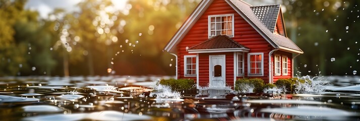 Charming Red Wooden Cabin Nestled by Serene Lake with Autumn Foliage Reflection in Peaceful Rural Landscape