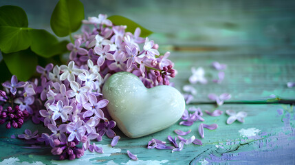 Poster - Postcard with two decorative hearts and fresh lilac flowers on green aged wooden background Selective focus Toned image : Generative AI