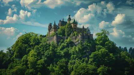 A castle is perched on a hill with a lush green landscape in the background. Generate AI image