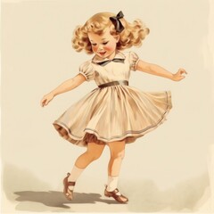 Wall Mural - Vintage illustration of little girl dancing footwear child