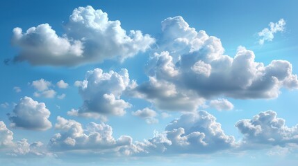 A beautiful scene of fluffy white clouds scattered across a clear blue sky, depicting a serene and peaceful atmosphere.