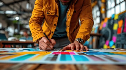 Poster - Designer working on colorful project. Designer in a yellow jacket working on a colorful project in a modern, creative office environment.