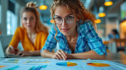Poster - Businesswoman analyzing data with colleague. Focused businesswoman wearing glasses analyzing data with a colleague in a modern office environment.