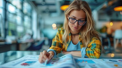 Poster - Young professional reading report in office. Young professional woman in glasses reading a report in a modern office setting with bright lighting.