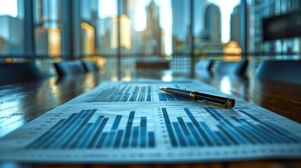 Poster - Financial report with city view background. Close-up of a financial report on a table with a pen and cityscape view in the background.