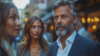 Poster - Senior businessman with colleagues outdoors. Senior businessman with colleagues standing outdoors, showcasing a professional and confident demeanor in a business environment.