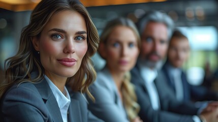 Poster - Confident businesswoman with team in boardroom. Confident businesswoman with team in a boardroom, highlighting leadership and teamwork in a corporate setting.