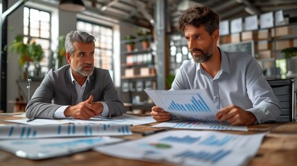 Poster - Business meeting analyzing data and charts. Two businessmen analyzing data and charts during a business meeting in a modern office setting.