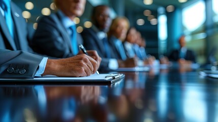 Poster - Business professionals taking notes in meeting. Close-up of business professionals taking notes during a meeting in a formal office setting.