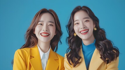 Wall Mural - Two Vibrant Smiling Women in Playful Modern Costumes Against Blue Background