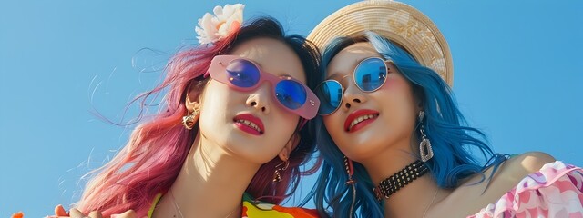 Vibrant and Stylish Hallyu Girls Exuding K Pop Flair on Studio Blue Background