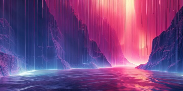 Digital Landscape with a Glowing Waterfall