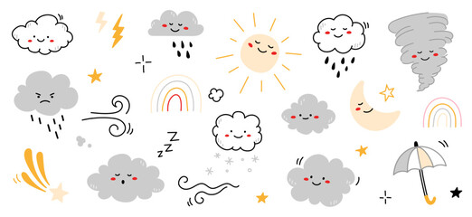 cloud rain weather cartoon cute set. cloud, sun, moon weather character with smile and angry face. h