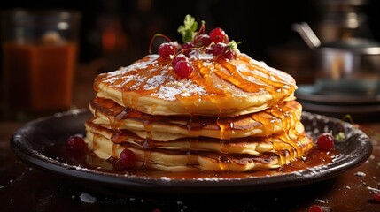 Wall Mural - Close-Up of pile of pancakes with melted sweet syrup and fruit toppings with a blurred background