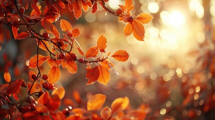 Poster - Autumn Leaves With Sunlight Bokeh Background in Early Morning