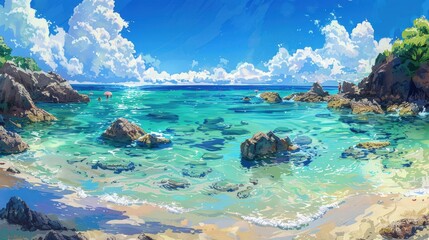 Wall Mural - A beautiful beach scene with a blue ocean and a rocky shore. Generate AI image