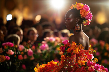 Wall Mural - A model walks the runway in an elaborate dress made of orange and pink roses, wearing earrings with bright red stone accents