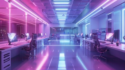 Futuristic office space with vibrant neon lights, sleek workstations, and modern technology, creating a high-tech and innovative environment.