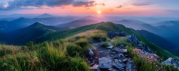 Poster - Breathtaking Panoramic View of Mountain Ridge at Sunset with Vibrant Skies and Serene Landscape