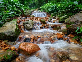 Poster - Cascading Mountain Stream Flowing Through Lush Green Foliage and Rocks in Idyllic Natural Landscape