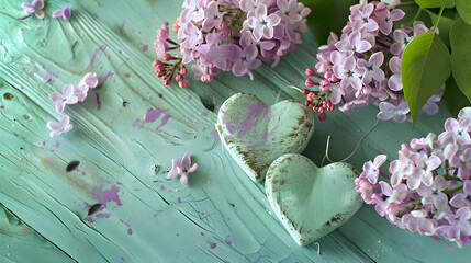 Poster - Postcard with two decorative hearts and fresh lilac flowers on green aged wooden background Selective focus Toned image : Generative AI