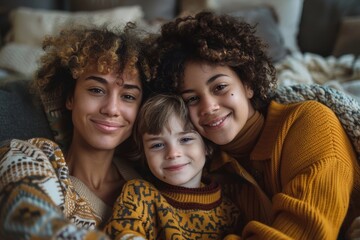 Loving lesbian couple spending time with her son at home, Generative AI 