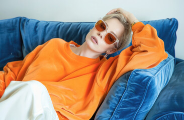 Wall Mural - A woman in an orange sweatshirt and white pants is lying on the sofa, wearing sunglasses and looking at camera.