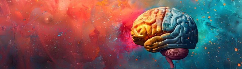 Poster - creative brain concept with vibrant abstract paint splatters symbolizing innovative thoughts and cer