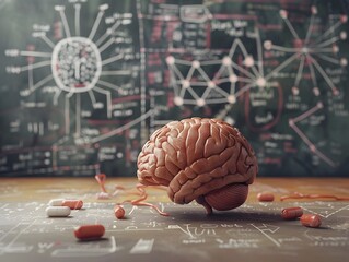 Poster - analytical brain with scientific formulas and diagrams representing intelligence and thinking
