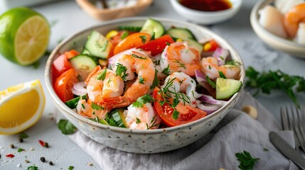 Wall Mural - Shrimp Salad with Cucumber and Tomato