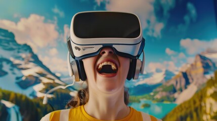 Wall Mural - A young boy wearing a virtual reality headset is looking at a colorful background. Concept of excitement and adventure, as the boy is immersed in a virtual world