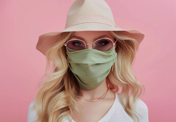 Wall Mural - Fashionable woman with a green face mask posing on a pink background, wearing a white hat and sunglasses, looking at the camera