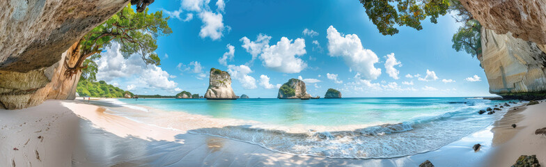 Wall Mural - panoramic photo of a beautiful New Zealand beach and Cathedral Cove, with white sand, a blue sky, and crystal clear water.
