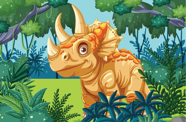 Poster - Adorable triceratops surrounded by dense jungle foliage