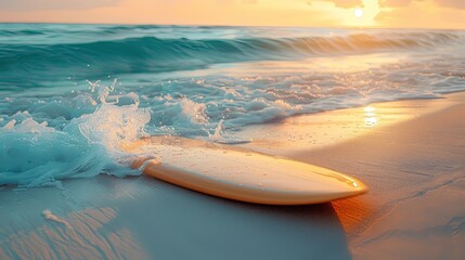 Sunset Surfboard on Sandy Beach with Waves and Ocean in Warm Golden Light