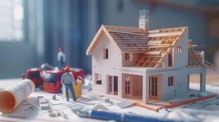 Poster - building house on blueprints with worker  construction project : Generative AI