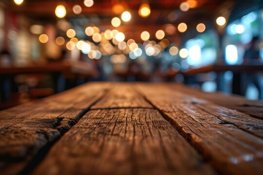 The close up picture of the empty table that has been made from wood material and placed inside the restaurant, the restaurant is business where prepared meals and services to the customers. AIGX02.