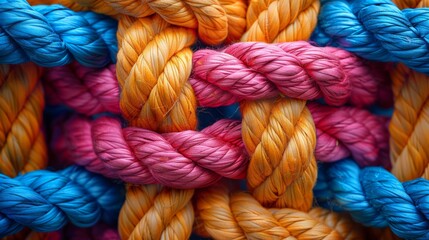 Wall Mural - Close up  background or wallpaper of many colorful hemp ropes are tied up together isolated on black background.