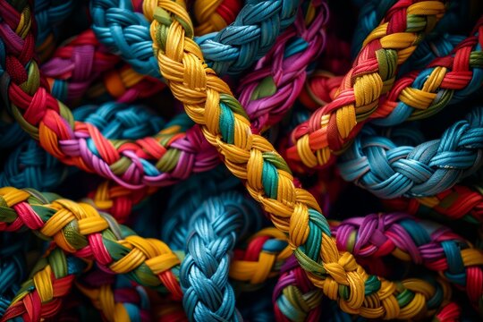 Close up  background or wallpaper of many colorful hemp ropes are tied up together isolated on black background.