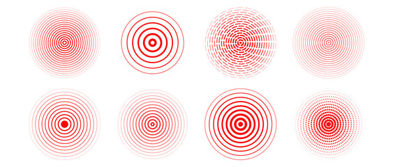 Poster - Red concentric circles set. Radial sonar or sound wave ring collection. Halftone, dashed and dotted line epicenter, target, radar icon symbol pack. Rippled concentric signal vibration elements. Vector