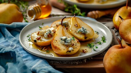 Wall Mural - Baked pears with blue cheese, honey and herbs