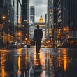 © Thares2020 - Businessman Confidently Strides Through Bustling Financial District on a Rainy Night