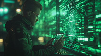 Poster - A man is looking at a computer screen with a green background and a large green lock. He is holding a tablet in front of him. Concept of security and protection