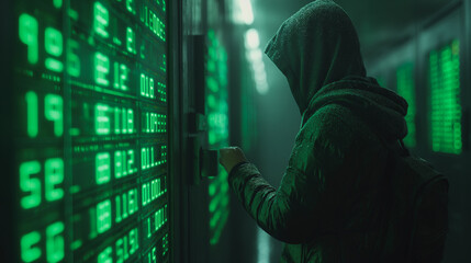 Poster - A man in a hoodie is standing in front of a green screen with numbers on it. He is pressing a button on the screen