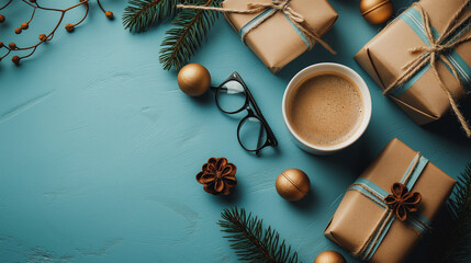 Wall Mural - The blue background enhances theme in this flat lay composition featuring gift boxes, a coffee cup, and eyeglasses.