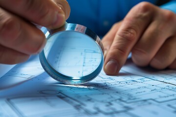 Poster - Close-up of a Hand Holding a Magnifying Glass Over a Blueprint