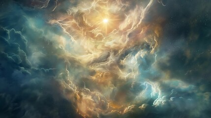 Wall Mural - a stunning depiction of a celestial sky with vibrant clouds and a radiant sun