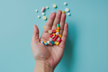 hand is holding a bunch of pills, some of which are multicolored. Concept of chaos and disorder, as the pills are scattered all over the hand