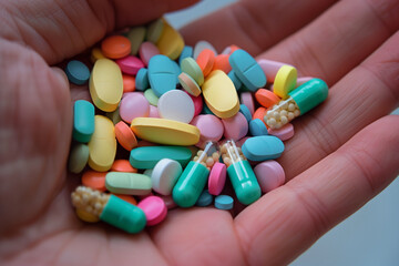 Wall Mural - hand is holding a bunch of colorful pills. The pills are of different colors and sizes, and they are scattered all over the hand. Concept of chaos and disorder